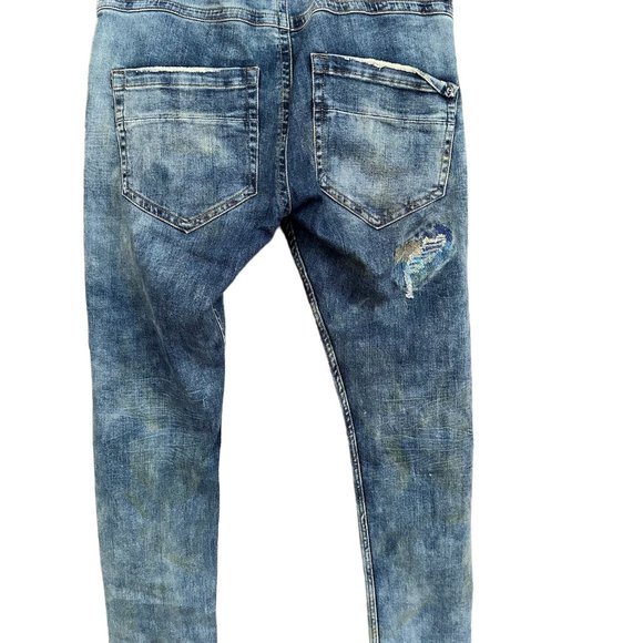 SMUGGLERS MOON MENS JEANS DISTRESSED ARTIST SPLATTER/PATCH LOOK HTF SZ 33W - Picture 2 of 5